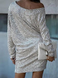 themeisles Solid Color Sequined Asymmetric Three-Quarter Sleeves Puff Sleeves One-Shoulder Mini Dresses
