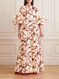 themeisles Loose Flower Shape Solid Color Stand Collar Lantern Sleeves Maxi Dresses