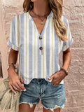 themeisles Spring and Summer New Women's Loose Type V-neck Tops Printed Twist Buckle Fashion Short-sleeved Female Sweet and Fresh