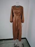themeisles Zipper Tied Waist Solid Color High-Waisted Wrap Round-neck Maxi Dresses