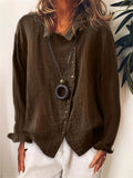 themeisles Women's Large Size Breathable Loose Solid Color Temperament Cotton Linen Shirt Long-sleeved T-shirt