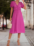themeisles Split-Joint Solid Color Pleated Knot Elasticity Short Sleeves Puff Sleeves V-neck Midi Dresses