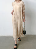 themeisles Solid Color Pleated Loose Half Sleeves Round-Neck Midi Dresses