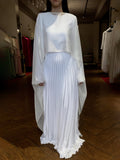 themeisles Long Sleeves Pleated Solid Color Round-Neck Evening Maxi Dresses