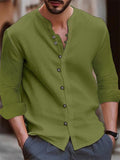 themeisles Autumn and Winter Solid Color New Slim Type Men's Retro Cotton and Linen Casual Loose Stand-up Collar Long-sleeved Shirt