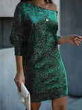 themeisles Solid Color Sequined Asymmetric Three-Quarter Sleeves Puff Sleeves One-Shoulder Mini Dresses