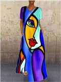 themeisles Retro Portrait Cat V-neck Multicolor Four-sided Elastic Dress