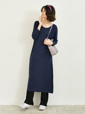 themeisles Simple Long Sleeves Loose Solid Color Round-Neck Midi Dresses