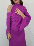 themeisles Flared Sleeves Asymmetric Buttoned Hollow Solid Color Zipper Cold Shoulder Evening Dresses Maxi Dresses