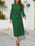 themeisles Tied Waist Solid Color Pleated Hollow Long Sleeves High Waisted Mock Neck Midi Dresses