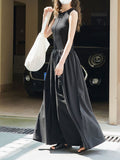 themeisles Split-Joint Solid Color Pleated Sleeveless Loose Round-Neck Maxi Dresses
