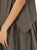 themeisles Solid Color Pleated Sleeveless Loose Stand Collar Shirt Dress Midi Dresses