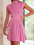 themeisles Solid Color Pleated Belly-Hollow Skinny Stand Collar Mini Dresses