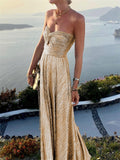 themeisles Spring and Summer New Sexy Wrap Hot Gold Party Temperament Elegant Dress Collarless Casual Swing Long Dress Celebrity Wind Dress
