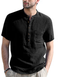 themeisles Stand Collar Short-sleeved Linen Shirt Sleeve Breathable Casual Linen Soft Slim Fit Men