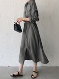themeisles Casual A-Line Long Sleeves Bandage Solid Color Lapel Collar Shirt Midi Dresses