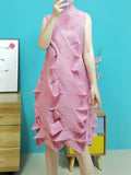 themeisles Casual Sleeveless Irregularity Pleated Solid Color Stand Collar Midi Dresses