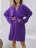themeisles Solid Color Pleated Loose Long Sleeves V-Neck Mini Dresses