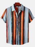 themeisles Summer Hawaii Men's Cardigan Cotton Linen Men's Shirt Striped Printed Lapel Short Sleeve Loose Type Shirt