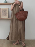 themeisles Casual Simple Solid Color Split-Side Round-Neck Sleeveless Midi Dress