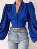 themeisles Spring New Solid Color Slim Temperament Long-sleeved Button V Collar Urban Trend Set Head Lantern Sleeve Blouse Shirt