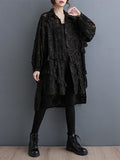 themeisles Tasseled Split-side Split-Joint Solid Color Flower Print Buttoned Loose Long Sleeves Lapel Midi Dresses