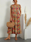 themeisles Summer Fashion Flora Ladies Round Neck Loose Cotton Linen Sleeveless Round Neck Print Dress A Dress
