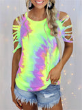 themeisles Summer New Round Neck Women's Tie-dye Print Short-sleeved Strapless Sexy Casual Pullover T-shirt Loose Type Top