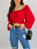 themeisles Tops Female Solid Color Exposed Umbilical Cord Lantern Sleeves A Collar Sexy Hot Girls Laced Bubble Sleeve Long-sleeved Shirt