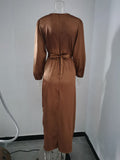 themeisles Zipper Tied Waist Solid Color High-Waisted Wrap Round-neck Maxi Dresses