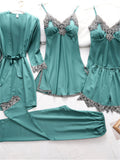 themeisles Women's Pajamas Robes Gown Nightgown Sets 5 Pieces Pure Color Fashion Simple Retro Party Home Bed Satin V Wire Long Sleeve Strap Top Pant Elastic Waist Belt Included Winter Fall Green Black