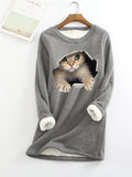 themeisles Women's Sweatshirt Pullover Sherpa Fleece Teddy Denim Blue Green Black Cat Street Round Neck Long Sleeve S M L XL 2XL 3XL