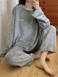 themeisles Women's Shirt Pants Sets Fleece Pants Pajamas Basic Blue Purple Casual Solid Color Crew Neck One-Size