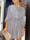 themeisles Women's Party Dress Sequin Dress Shift Dress Mini Dress Black Purple Champagne 3/4 Length Sleeve Pure Color Lace up Fall Spring Crew Neck Party Party Halloween  S M L XL
