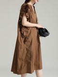 themeisles Solid Color Pleated Drawstring Adjustable Short Sleeves Raglan Sleeve V-Neck Shirt Dress Midi Dresses