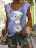 themeisles Women's T-shirt Cat Print Sleeveless Casual Everyday Basic V-neck Green Pink Purple White
