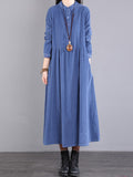themeisles Vintage Corduroy Long Sleeves A-Line Embroidered Solid Round-Neck Midi Dresses