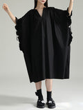 themeisles Solid Color Pleated Drawstring Adjustable Short Sleeves Raglan Sleeve V-Neck Shirt Dress Midi Dresses
