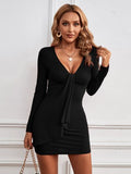 themeisles Plunge Long Sleeve Mini Dress