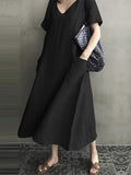 themeisles Ramie Cotton Solid Color Plus Size V-Neck Casual Dress