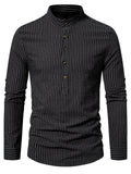 themeisles New Men's Henry Collar Stand-up Collar Long-sleeved Striped Shirt Fashion Loose Comfortable Casual Shirt