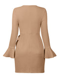 themeisles Simple Long Sleeves Skinny Tied Falbala Solid Color Round-Neck Mini Dresses