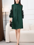 themeisles Solid Color Pleated Embroidered Loose Long Sleeves Round-neck Midi Dresses