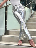 themeisles Women's Street High Waist Reflective Metallic PU Leather Pants Women Fashion Trend Pants S-L