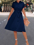 themeisles Tied Waist Solid Color Buttoned Short Sleeves High Waisted Lapel Collar Shirt Dress Midi Dresses