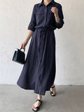 themeisles Casual A-Line Long Sleeves Bandage Solid Color Lapel Collar Shirt Midi Dresses