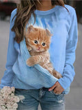 themeisles Animal Loose Cats 3D Digital Printing Long-sleeved Round Neck Sweater Female Blue Purple Pink