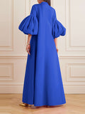 themeisles Loose Flower Shape Solid Color Stand Collar Lantern Sleeves Maxi Dresses