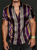 themeisles Men's Shirt Striped Short Sleeve Tops Green Black Blue Purple Outdoor Street Button-Down Print Shirt Fashion Casual Breathable Comfortable Summer