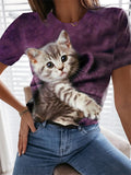 themeisles Summer T-shirt Cat 3D Round Neck Short-sleeved Top T-shirt Blue Purple Green